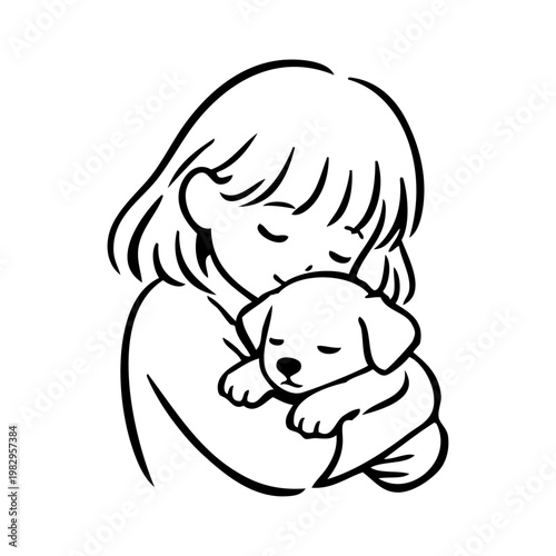 Amor por las mascotas. Dibujo minimalista con líneas de una niña abrazando a un cachorro de perro 