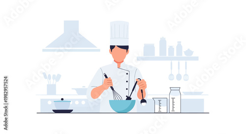 Chef prepares food in a modern kitchen, whisking ingredients in a bowl, cooking, culinary, professional.