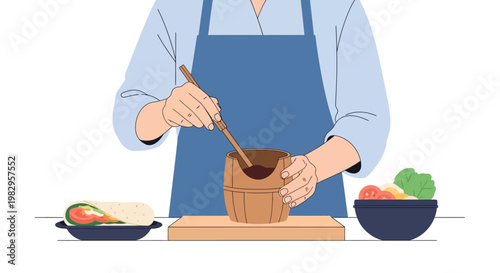 Chef preparing food in a kitchen, mixing ingredients in a mortar and pestle, fresh vegetables nearby.
