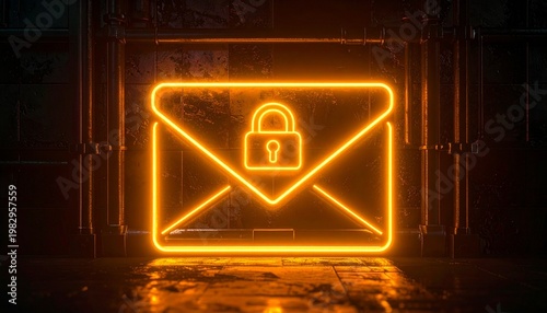 Glowing neon envelope with padlock symbolizing secure encrypted email