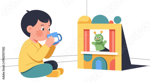 Child playing with puppet theater, drinking from cup, imagination, childhood fun