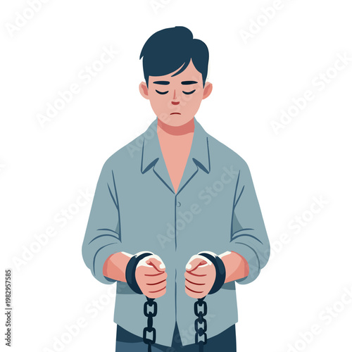 Flat Illustration of Sad Man Shackled with Chain in White Background