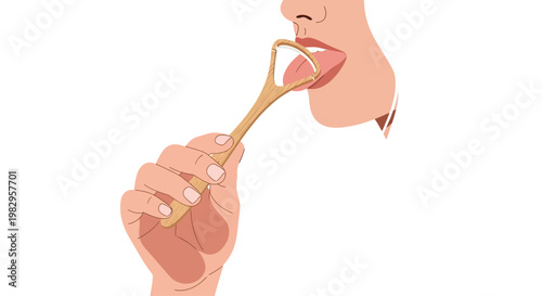 Close-up of a person using a wooden tongue scraper for oral hygiene and fresh breath