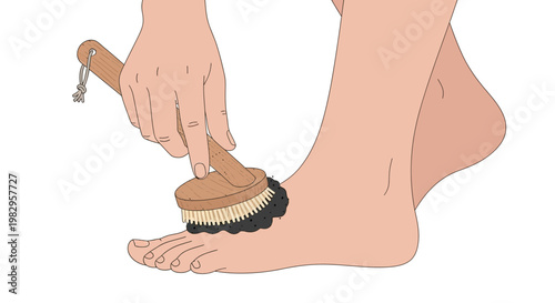 Close-up of a hand using a wooden brush to exfoliate a foot, promoting skin care and hygiene.