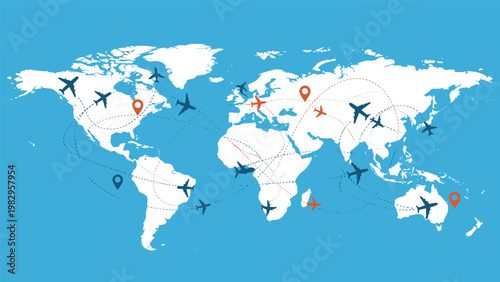 Global flight routes on a world map with multiple airplane icons and orange location pins on a solid blue background texture.