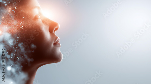 Faceless artistic wide banner of a human silhouette merging with glowing digital particles and neural patterns on a bright clean background, human-technology concept, digital transformation, AI