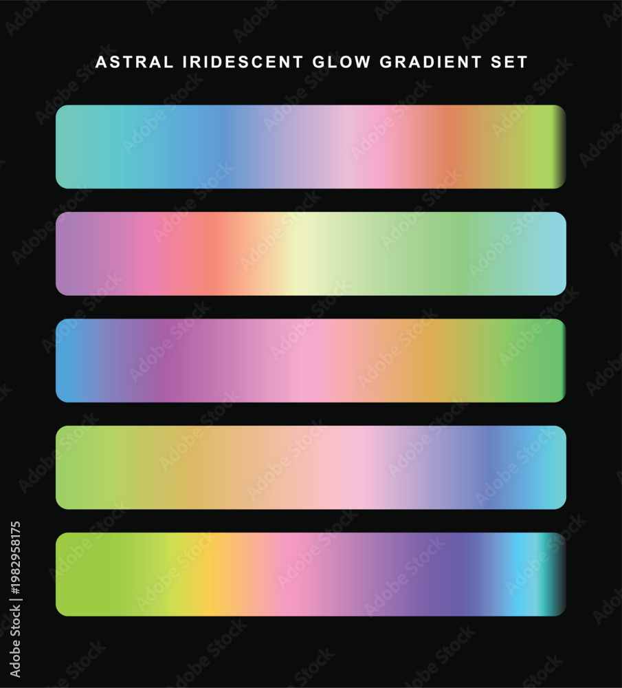 Fototapeta premium Astral iridescent glow gradient set vector illustration. Five horizontal color swatches displaying pastel neon blends. Black backdrop.