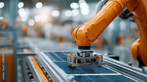 Faceless wide shot of a bright orange industrial robotic arm assembling solar panels on a modern factory conveyor line, automated manufacturing, clean energy production, smart factory concept,