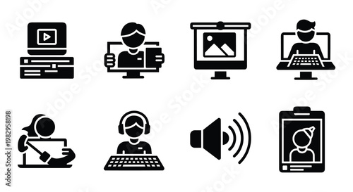Online education solid icons set, 8 digital learning vector elements, remote study and webinar glyph symbols for web design and mobile apps