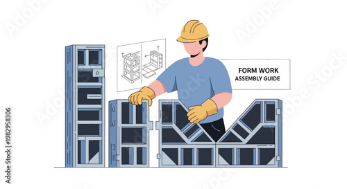 Construction worker assembling modular formwork system for concrete casting