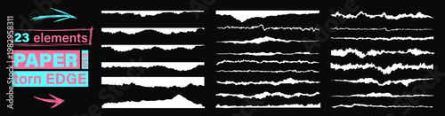 White recycled sheet texture with jagged torn paper rip edge effect. Vector illustration bundle of page piece blank card tag label banner divider claw cut line. Cardboard tear edge effect clipart kit.