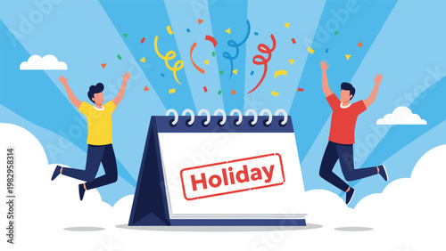 People jumping for joy in front of a blue desk calendar marked with a red holiday stamp and celebratory colorful confetti.