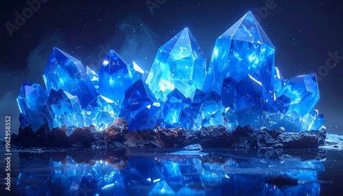 Bright blue geode crystals with shimmering facets and reflection in the dark