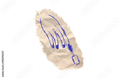 Manicure hand scribble drawing emoji on crumpled craft cardboard torn piece for painting nails girly reaction for online chats. Paper cut sticker, modern collage element. Vector cut out shape