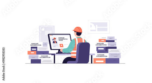 Construction worker at computer, managing project documents and data, office desk with files