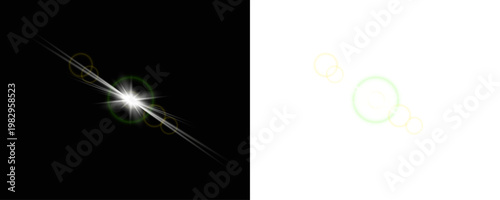 Dramatic starburst light effect bright lens flare with sparkling rays. On transparent background