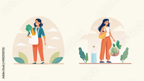 Illustrations of women shopping for groceries with reusable bags and fresh produce