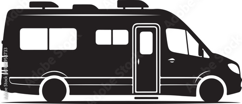 Black camper van, motorhome silhouette, RV icon, travel vehicle