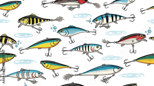 Seamless pattern background featuring various colorful fishing lures, artificial baits, and water ripples in a top view.