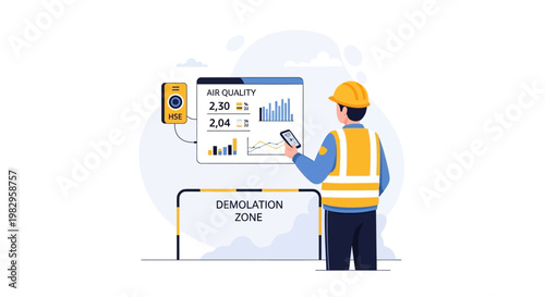 Construction worker monitoring air quality in demolition zone with smartphone and dashboard