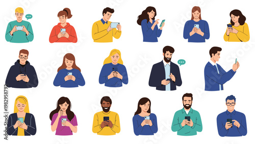 Large set of diverse people in different outfits using their smartphones for texting, browsing the web, and making calls.