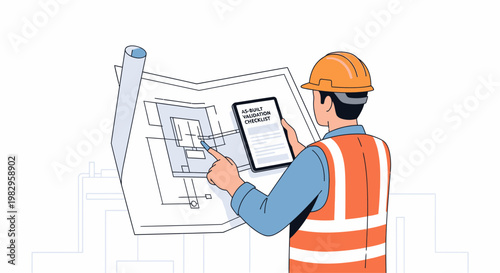 Construction worker reviewing blueprints and tablet on building site