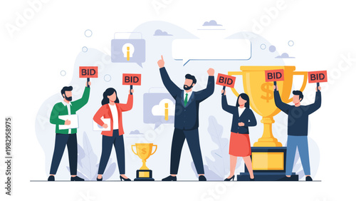 Successful business auction winners cheering and holding up their red bid signs next to a large golden trophy with a dollar sign.