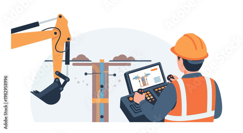 Construction worker remotely operating excavator with control panel, digging utility trench
