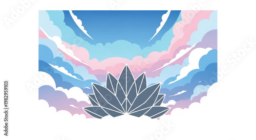 Serene Lotus Flower Vector Illustration with Pastel Pink and Blue Clouds, Zen Spiritual Background for Mindfulness Yoga Wellness Design, Aesthetic Geometric Floral Symbol for Meditation Concept.