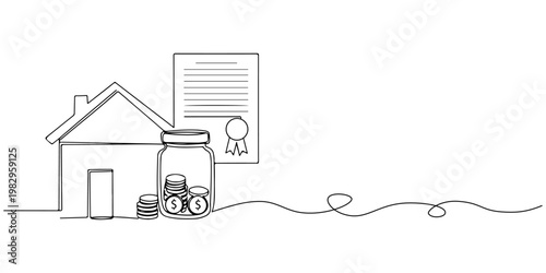 Minimal line drawing of house, signed contract and car keys representing property transaction.