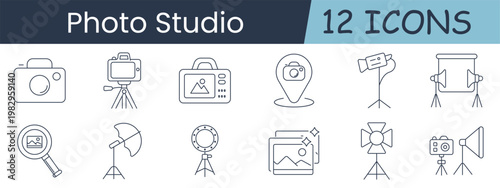 Photo studio set icon. Camera, tripod, photo camera, location pin, spotlight, softbox, magnifier, umbrella light, ring light, gallery, flash, lighting, photography, equipment, media