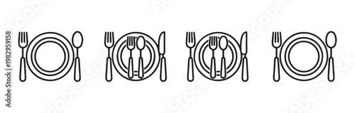 Table setting icons representing restaurant dining and meal service with cutlery plates and silverware for food.