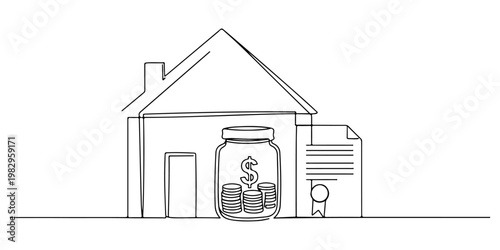 Line drawing of a house with jar of coins symbolizing home savings and mortgage planning.