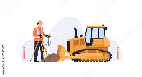 Construction worker with surveying equipment near bulldozer on site