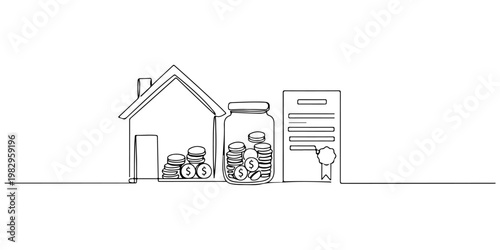 Minimal continuous line illustration of saving money for a home.