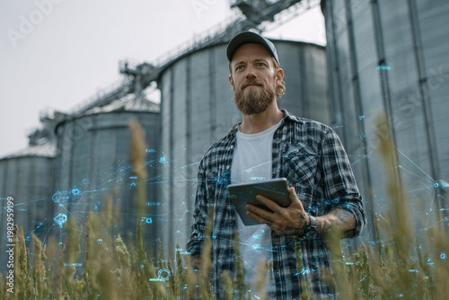 Modern farmer using a digital tablet in a field with grain silos