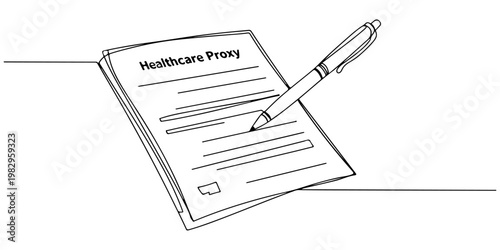 Hand signing a healthcare proxy form with a pen in a black line drawing.