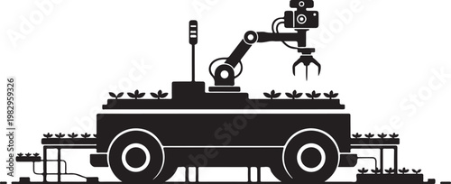 Industrial robotic arm, black silhouette, vector illustration, factory automation, robotics