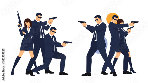 Group of secret agents or spies dressed in formal business suits and holding various handguns and shotguns in action poses.