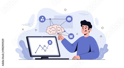 Artificial Intelligence Brain Network Connecting People and Emails, Data Analysis on Computer