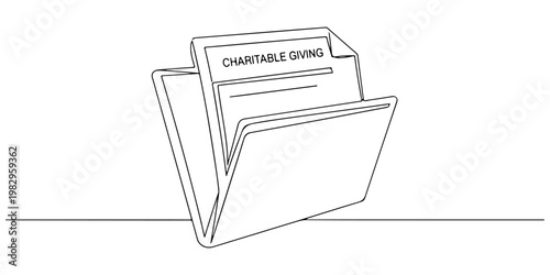 Hand-drawn folder with charitable giving documents line illustration.