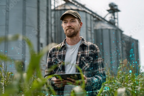 Farmer using digital tablet in corn field with data visualization overlay
