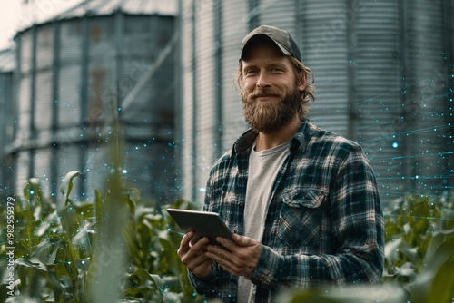 Modern farmer using digital tablet in corn field with grain silos