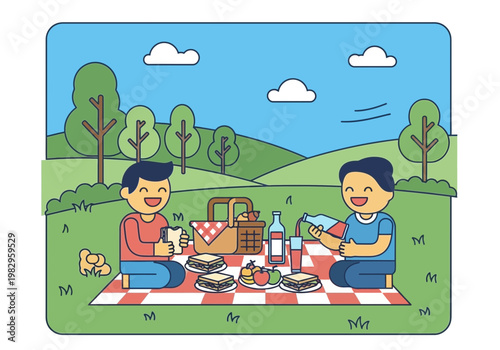 公園でピクニックを楽しむ二人の子供たちが、食事と飲み物を持ちながら笑顔で過ごしている様子。