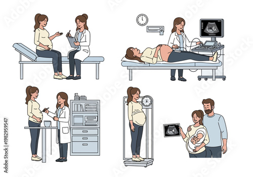 医療検査や診察を行う医師と患者の様子を描いたイラストのセット。