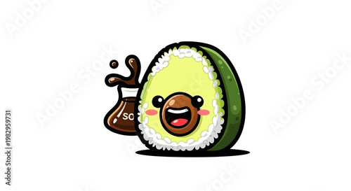 Cute Avocado Sushi Character with Soy Sauce, Kawaii Food Illustration