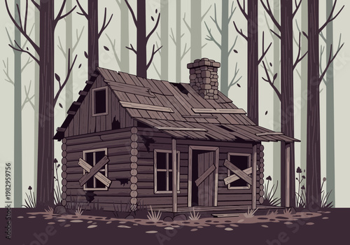 古びた木造の小屋が森の中にあり、窓や扉が修理されていない様子が見える。