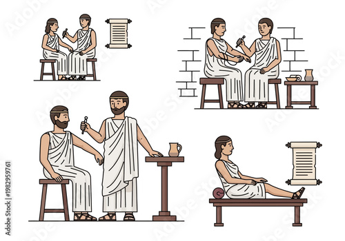 古代ギリシャの哲学者や学者が議論や研究を行う様子を描いたイラストのセットです。