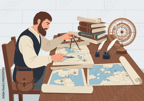 地図を使って航海や探検を計画している男性のイラスト。机には古い地図とコンパスが置かれている。