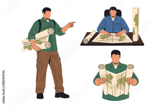 地図を持ち、指示を出す男性と、地図を広げて確認する男性のグループのイラストです。